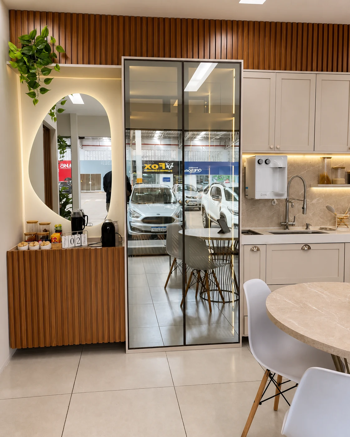 Cozinha integrada com marcenaria branca e ripado amadeirado no showroom Edulay
